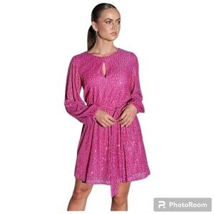 LDT Irma Fuchsia Sequin Crew Keyhole Neck Long Sleeve Tie Waist Mini Dress 8 Med
